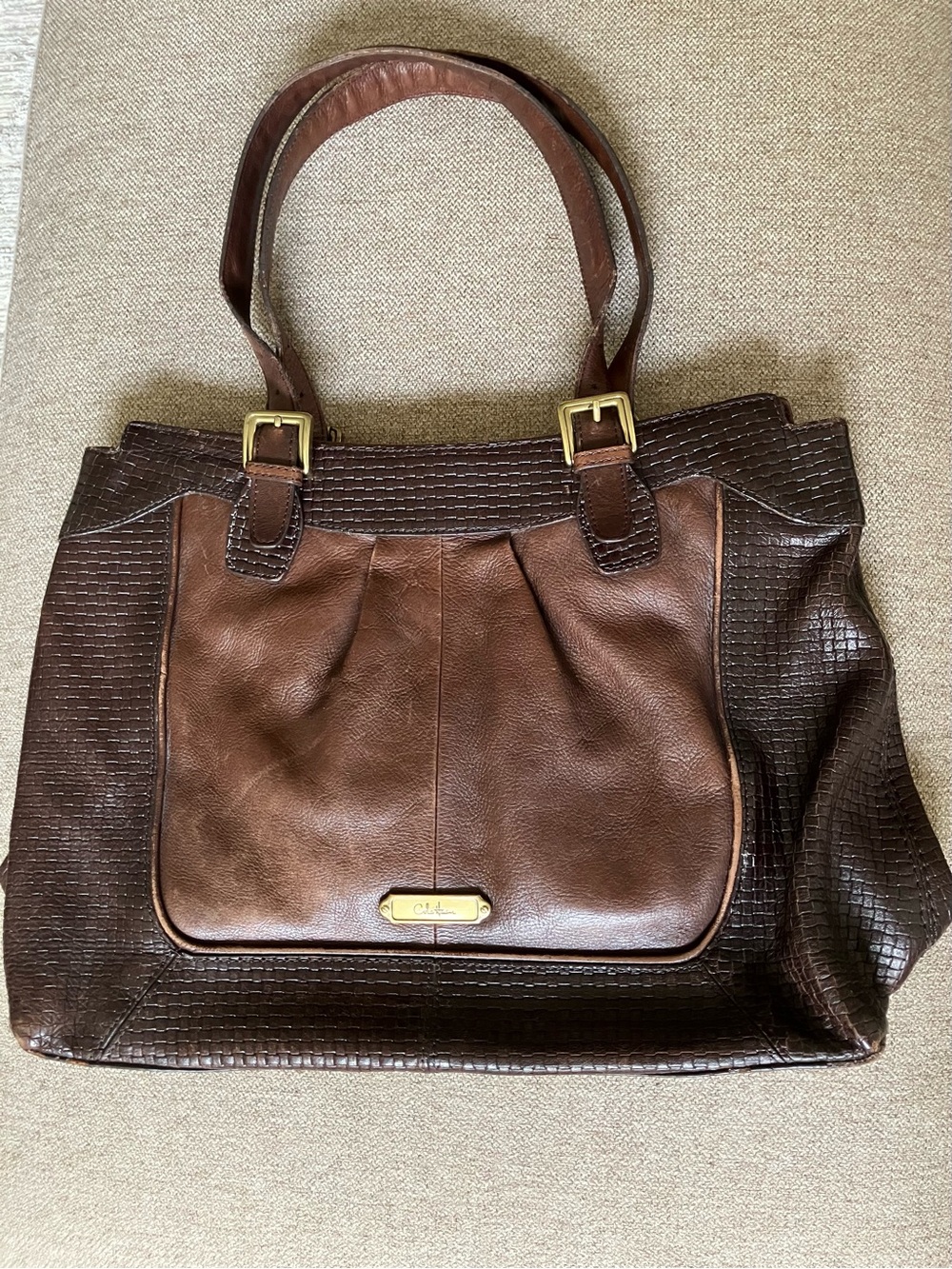 Cole Haan Brown Two-Tone Leather Tote with Front Plaque